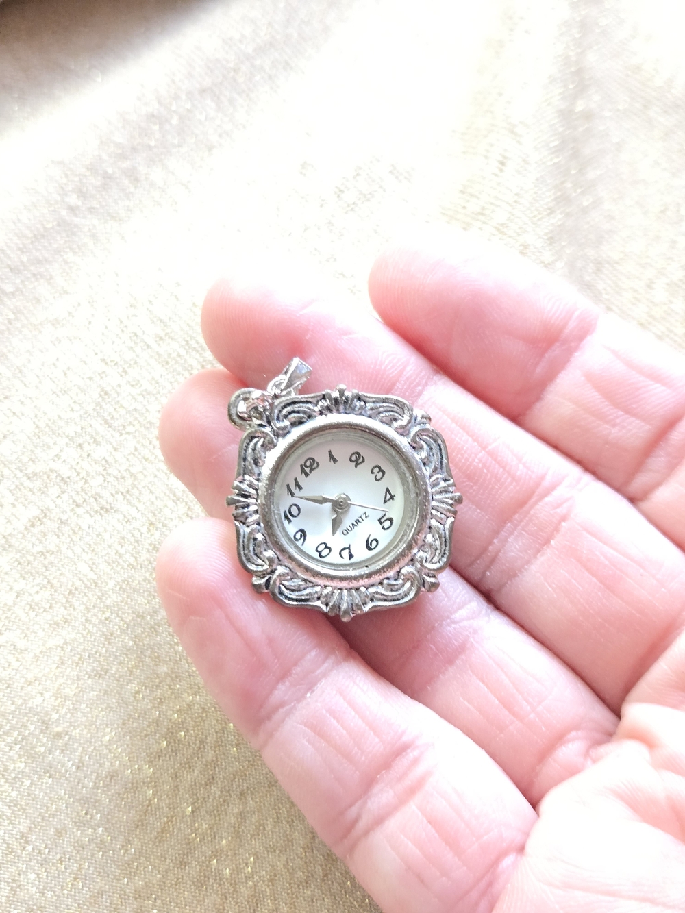 Silver Ornate Quartz Watch Pendant - White Dial